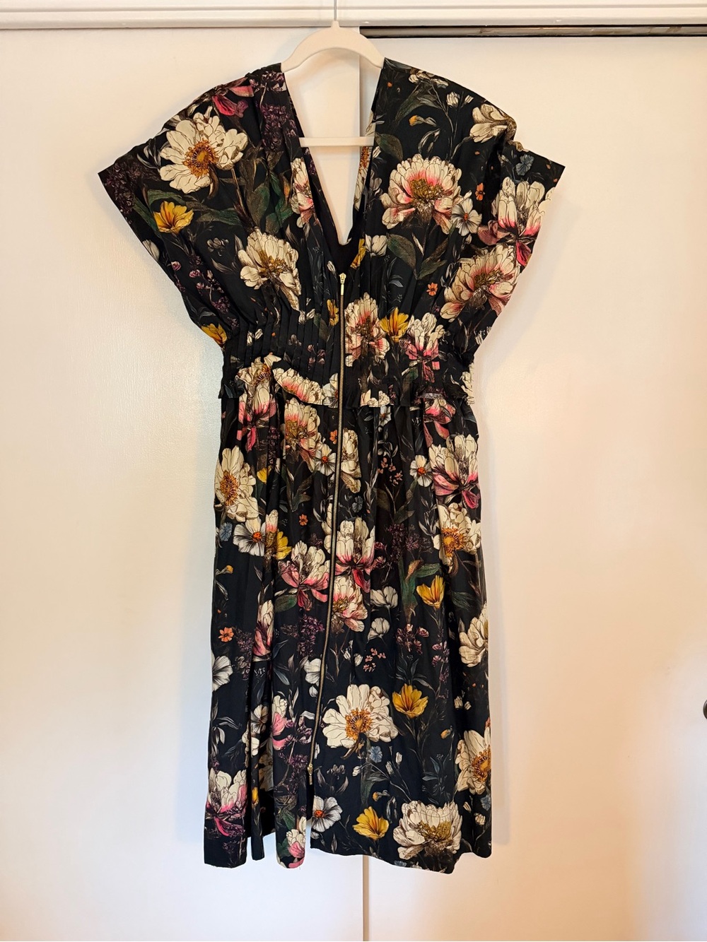 Anthropologie Black Floral Midi Dress with V-Neck and Zip